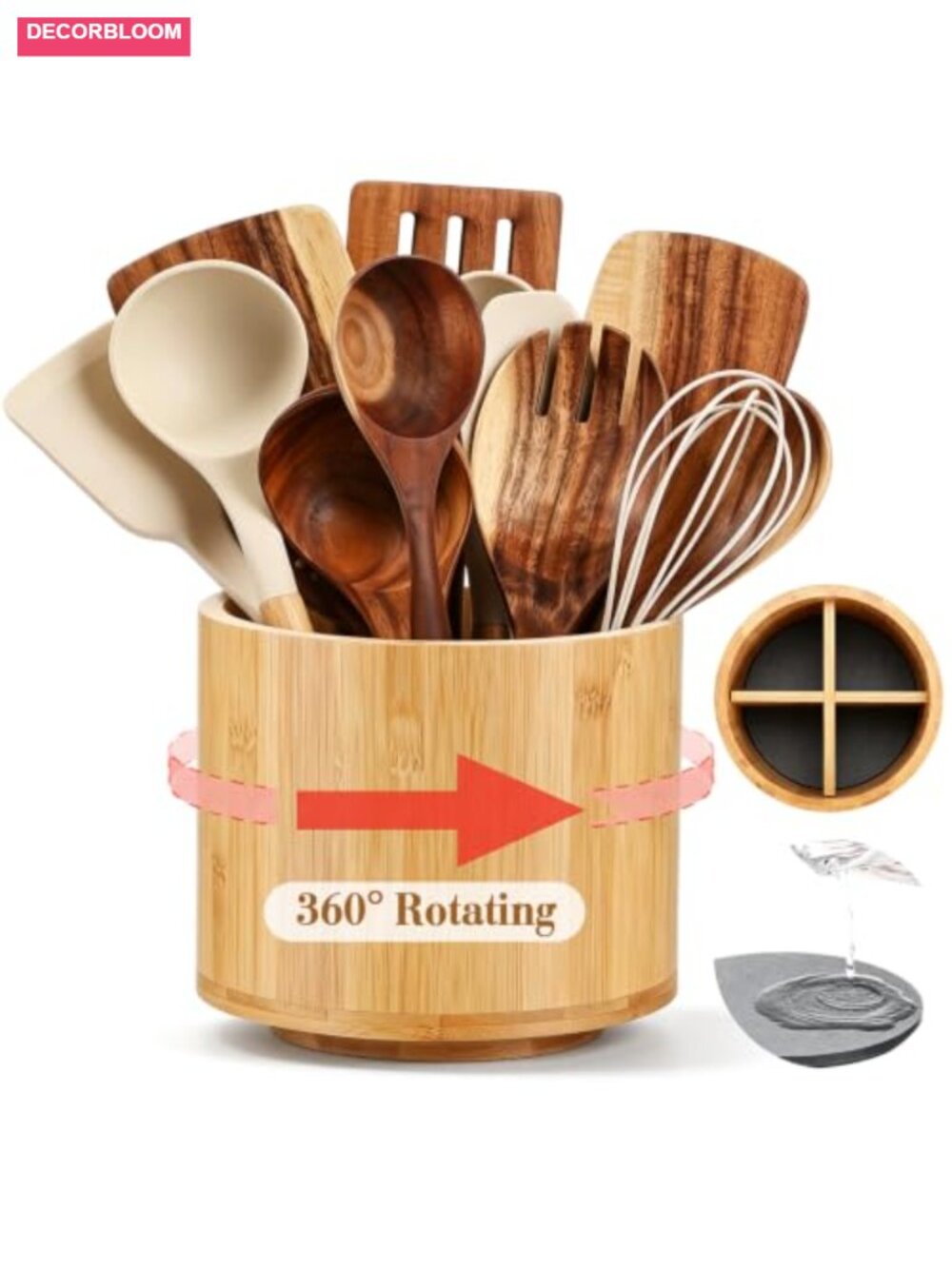 Bamboo Rotating Utensil Holder 4 Compartment Fast Drying Spatula Caddy